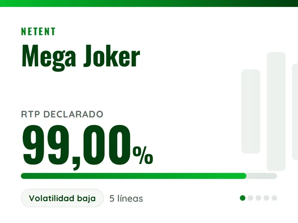 Ficha de Mega Joker de NetEnt: RTP declarado del 99,00%, volatilidad baja