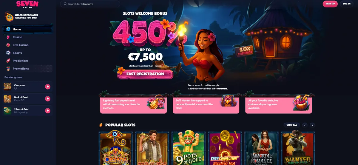 Portada de Seven.casino, sin sesión iniciada